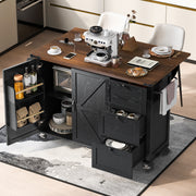 54.5' Farmhouse Black Kitchen Island on Wheels with Drop Leaf Power Outlet